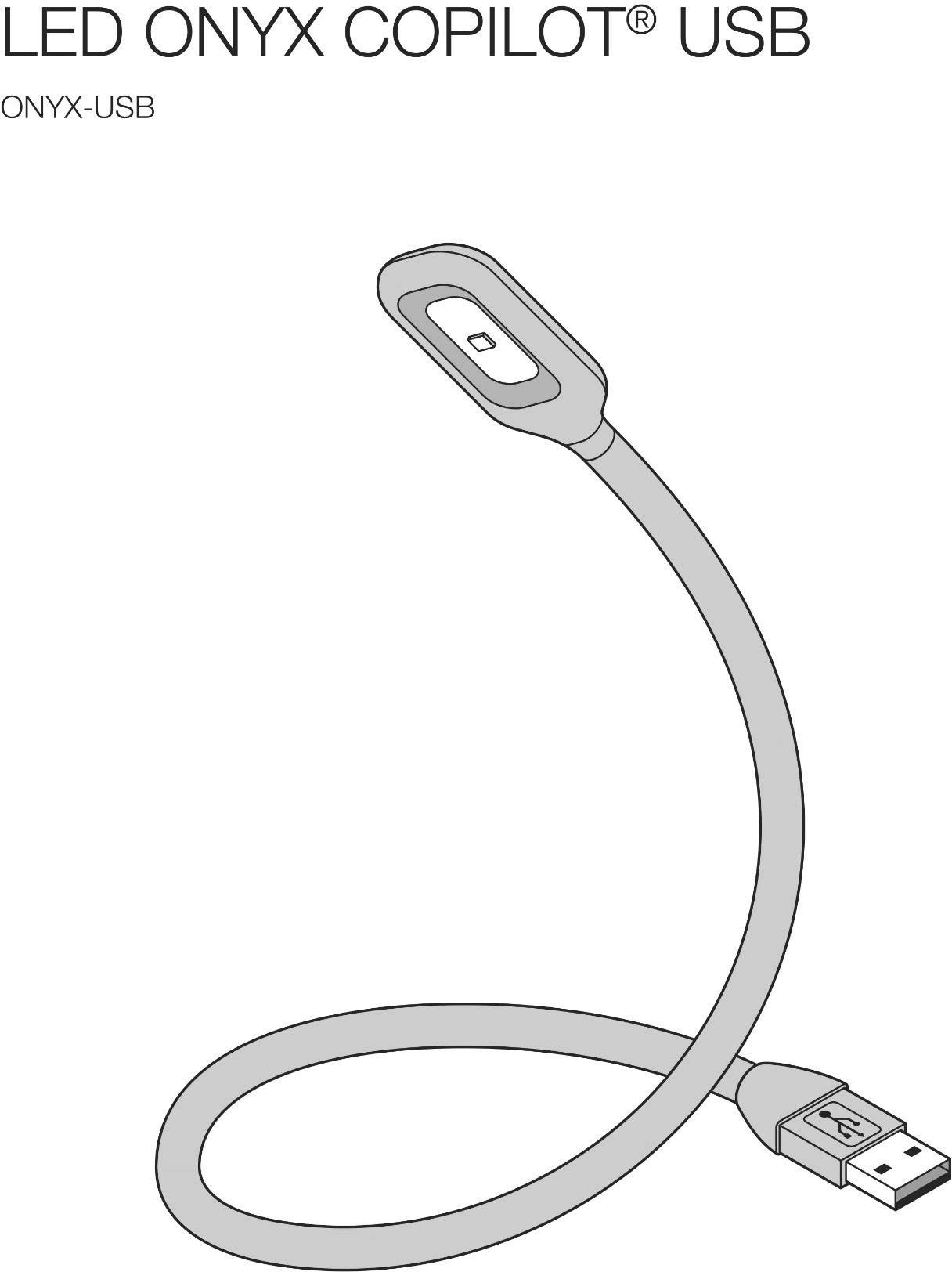 En USB-lampa med flexibel hals, med ett LED-panel i änden. Märkt med 'LED Onyx Copilot USB' överst i bilden.