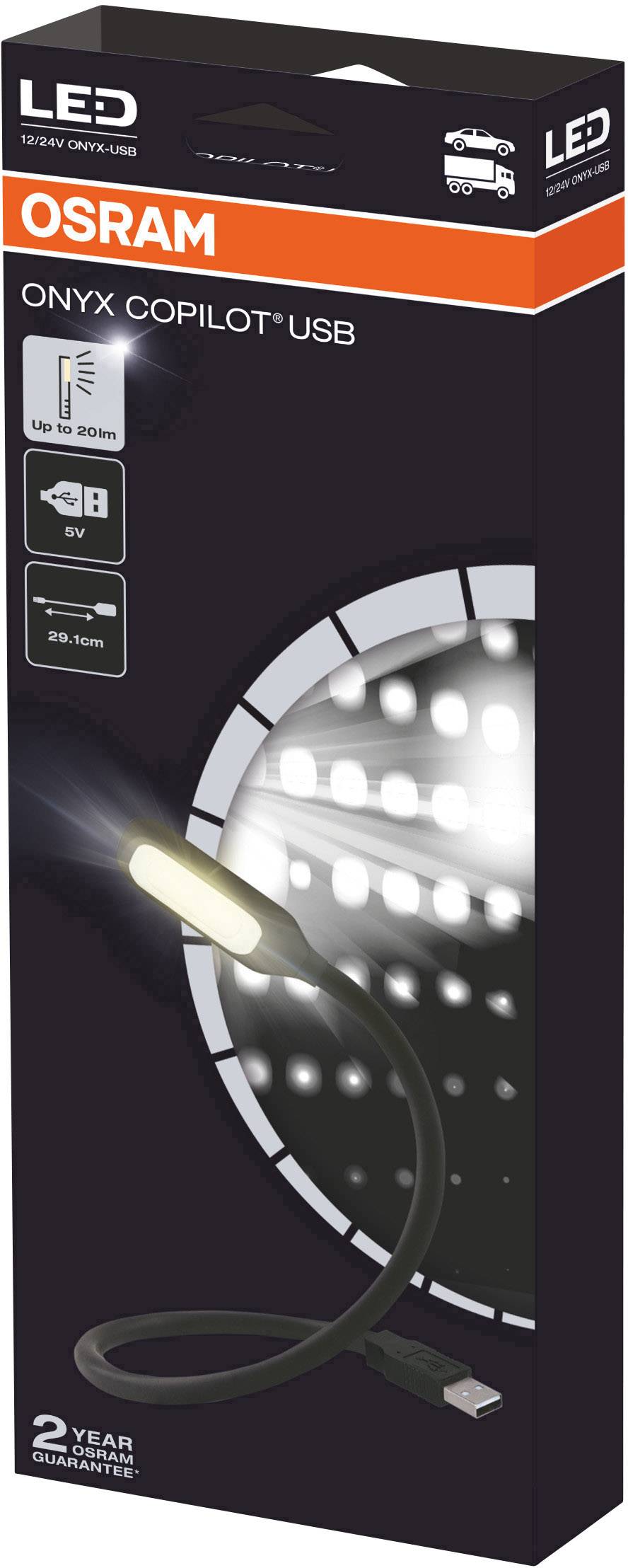 Förpackning för en OSRAM LED-lampa, modell 'ONYX COPILOT USB'. Lampan är avbildad framför en stiliserad strålkastardesign.