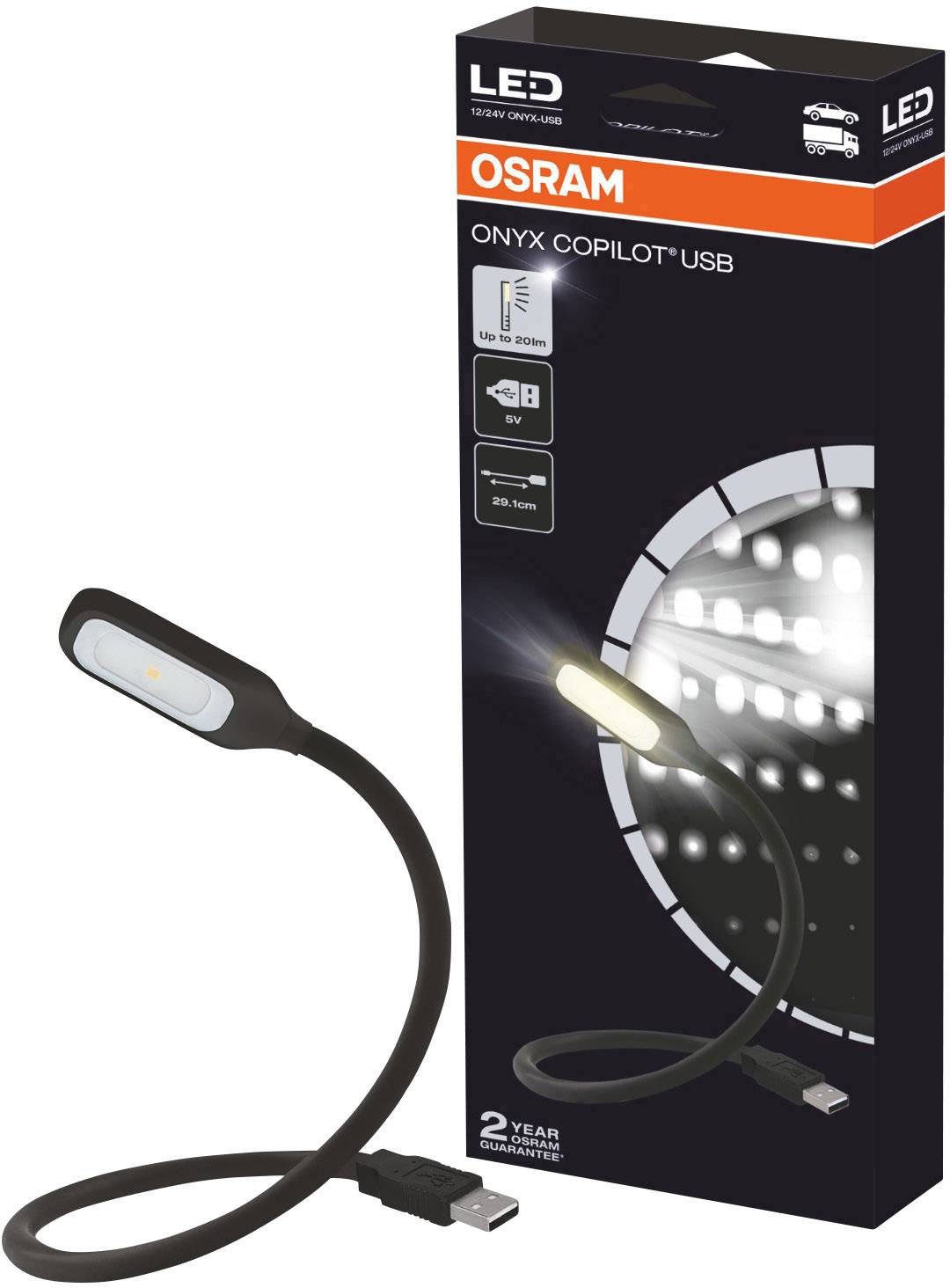 En flexibel LED-lampa med USB-anslutning från OSRAM, perfekt för invändig användning i fordon, avbildad på förpackningen.