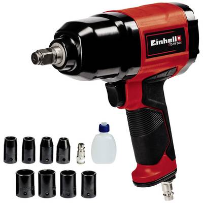 En röd och svart tryckluftsdriven mutterdragare med Einhell-logotyp. Innehåller flera hylsor, en adapter och en oljebehållare.
