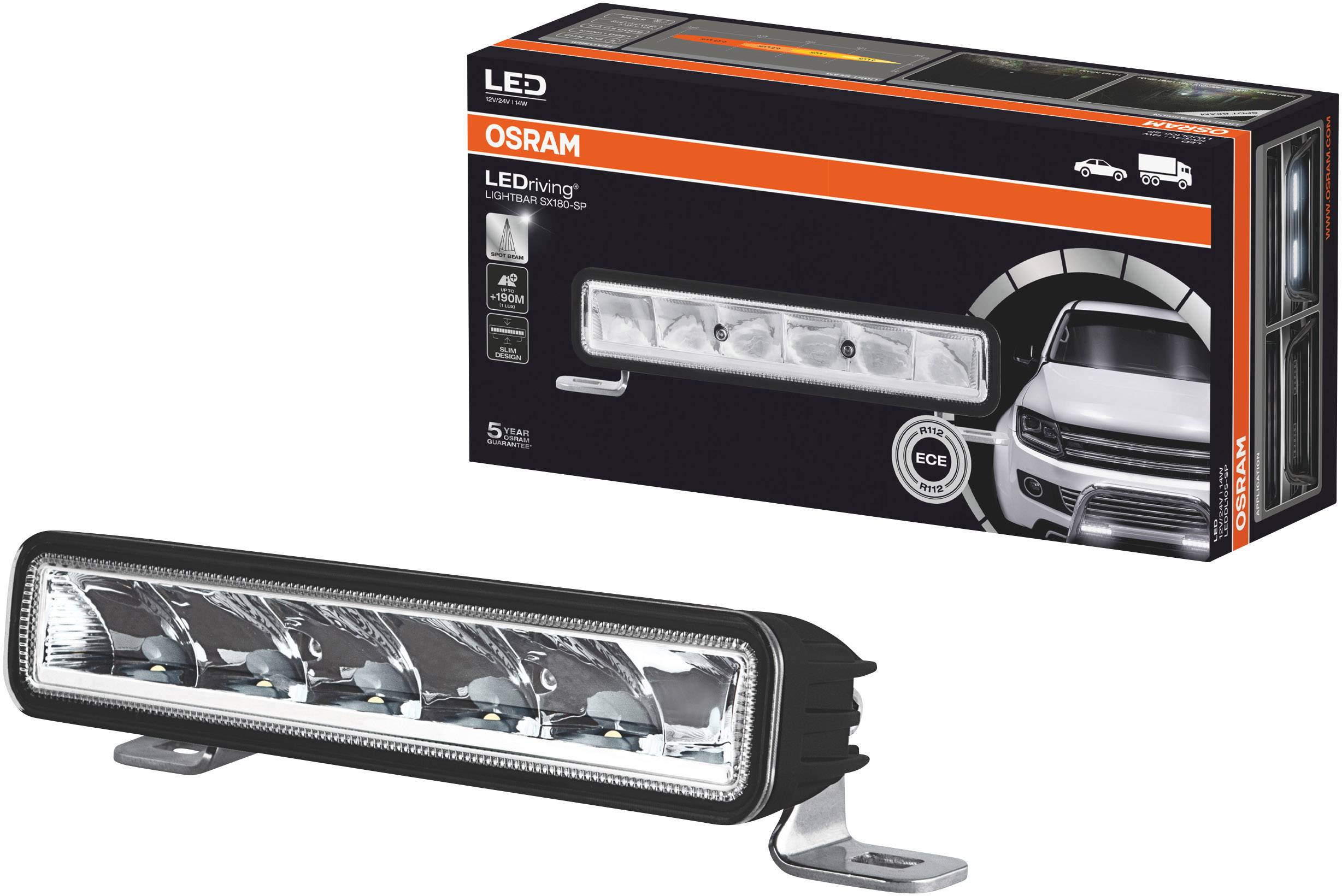 LED-körsljusarmatur från Osram med fem LED-lampor. Produktförpackningen i bakgrunden visar användningsexempel på ett fordon.