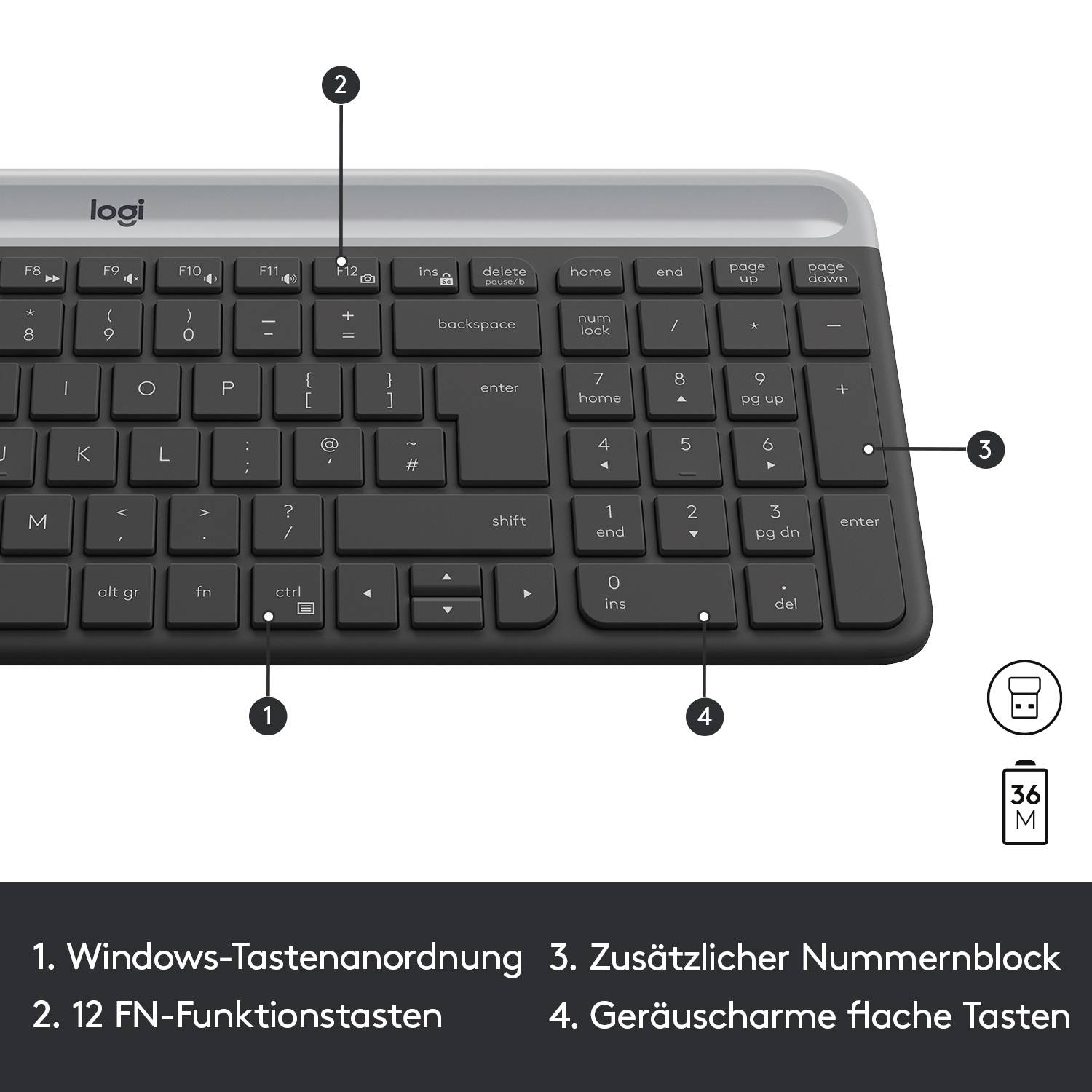 Tangentbord med Windows-tangentkonfiguration, 12 FN-funktionstangenter, separat numeriskt tangentblock och tysta, platta tangenter.