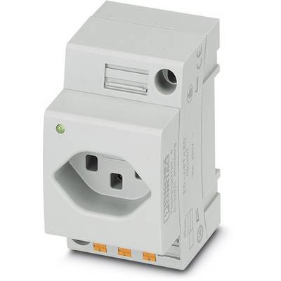 En grå skyddsadapter för eluttag, lämplig för montering på DIN-skena. Innehåller en testknapp och kontrolllampa.