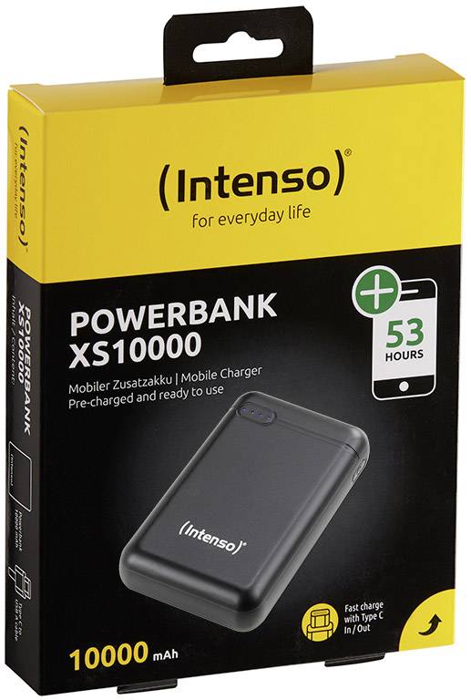 Intenso Powerbank XS10000, 10000 mAh, mobil extra batteri, upp till 53 timmars laddningstid, snabb laddning med USB-C.