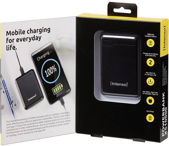 Intenso Powerbank i öppen kartong med texten: Mobil laddning för vardagen. Display med laddningsprocent och tekniska data.