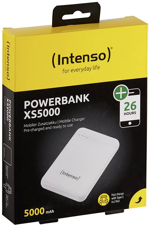 'Intenso Powerbank XS5000' förpackning. Mobil tilläggsackumulator med 5000 mAh kapacitet och USB Type-C-anslutning. Upp till 26 timmars extra laddning.