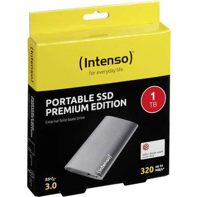 En gul förpackning för en Intenso Portable SSD Premium Edition med 1 TB lagring och läs-/skrivhastighet upp till 320 MB/s.