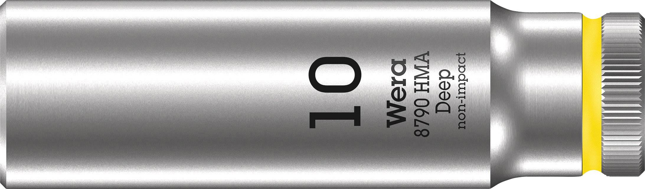'Djup hylsa 10 mm' med märkningen 'Wera 8790 HMA Deep non-impact', silver med gul ring, för professionella skruvarbeten.