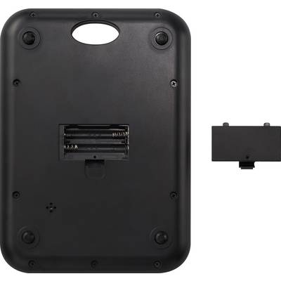 Baksidan av en svart, rektangulär apparat med ett öppet batterifack. Ett separat batterilucka ligger bredvid.