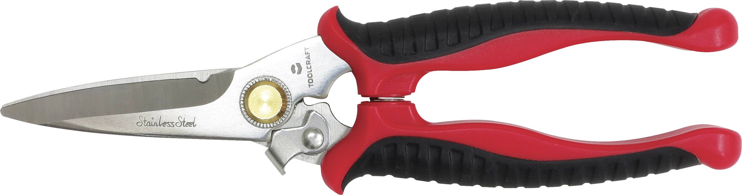 En röd-svart sax med metallblad och ergonomiskt handtag, lämplig för precisionsklippning inom trädgårdsarbete eller hantverk.