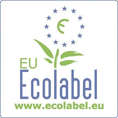 EU-miljömärkningslogotyp med text 'EU Ecolabel' och webbplats 'www.ecolabel.eu', grön bladgrafik och stjärnring.