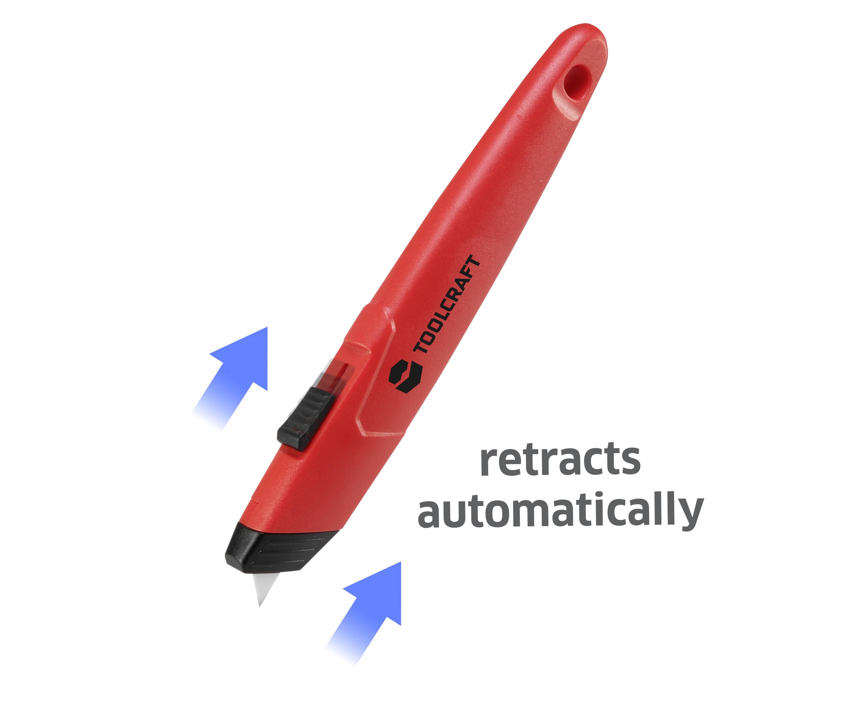 Rött standardkniv med svart skjutreglage, märke 'Toolcraft'. Pilar pekar på skjutreglaget med hänvisningen 'dras tillbaka automatiskt'.