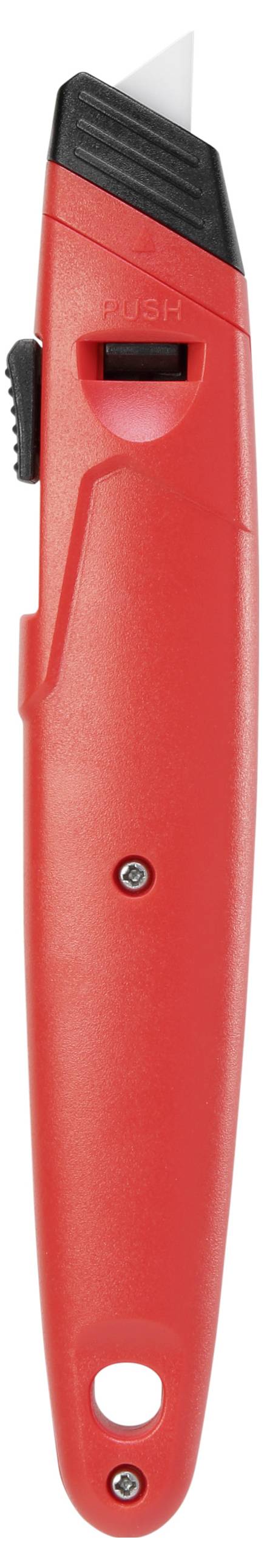 Rött universalkniv med svart klinga, ergonomiskt grepp och klingskydd, lämplig för hantverksarbeten.