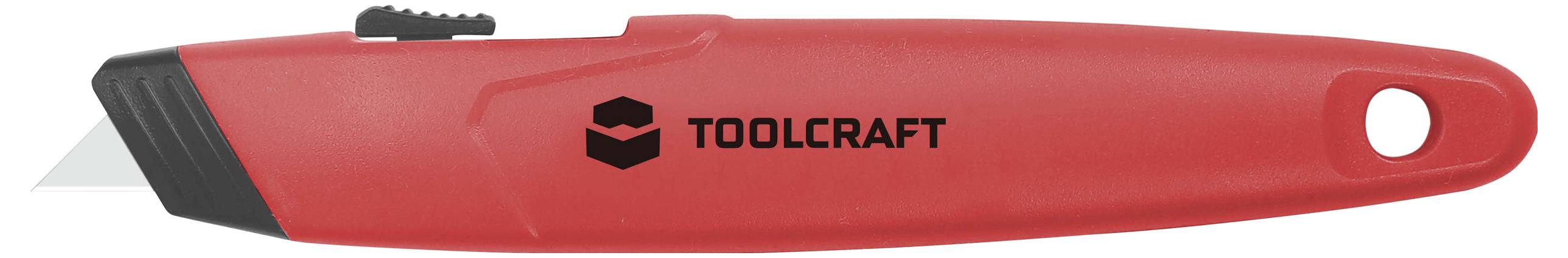 Röd säkerhetskniv från Toolcraft med blad och ergonomiskt handtag.
