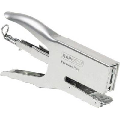 En silverfärgad kontorshäftapparat av märket Rapesco, modell 'Porpoise Pliers', avbildad från sidan.