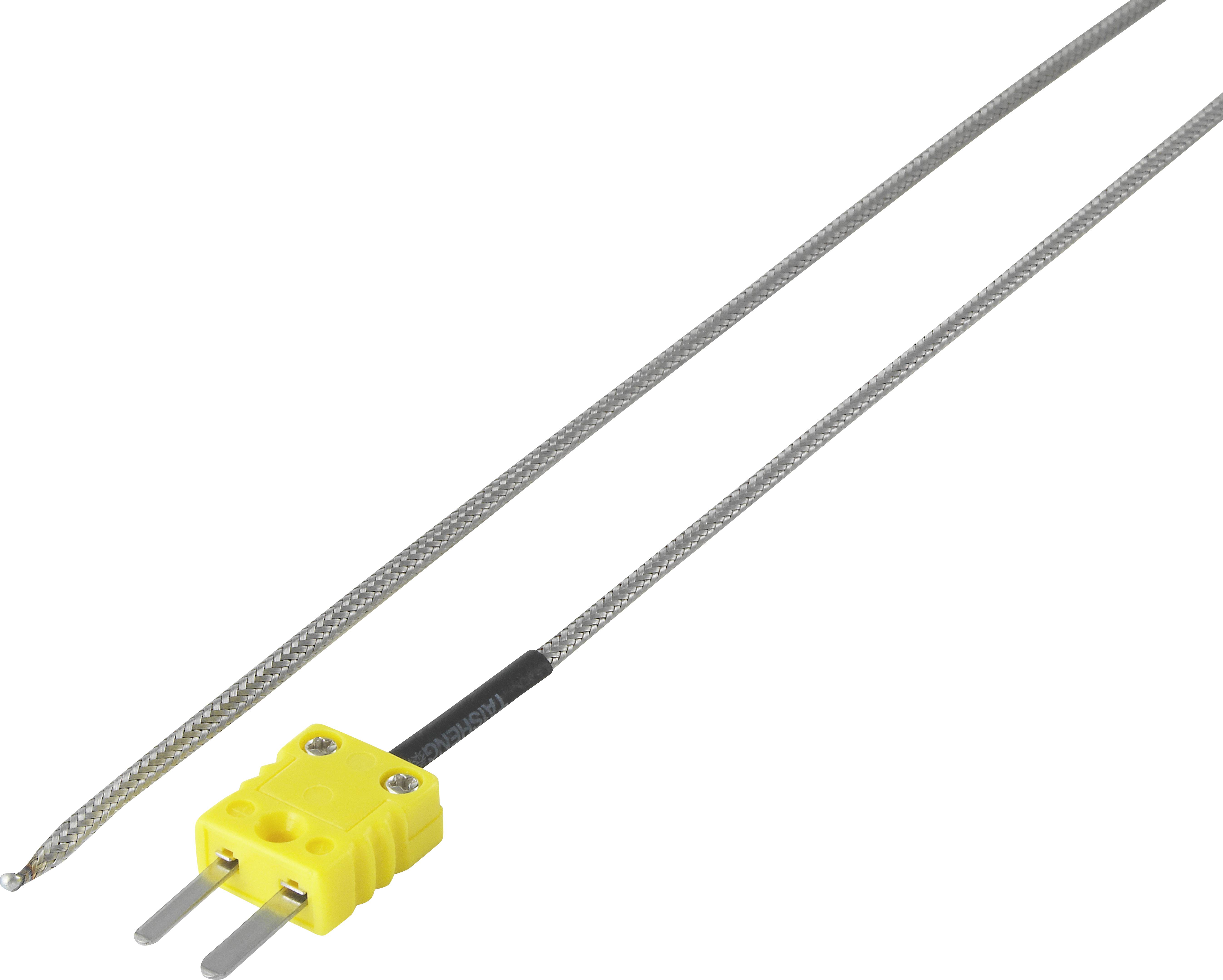 Gul termoelement-kontakt med två metallstift, fäst vid en lång, silverbeklädd kabel, för temperaturmätning.