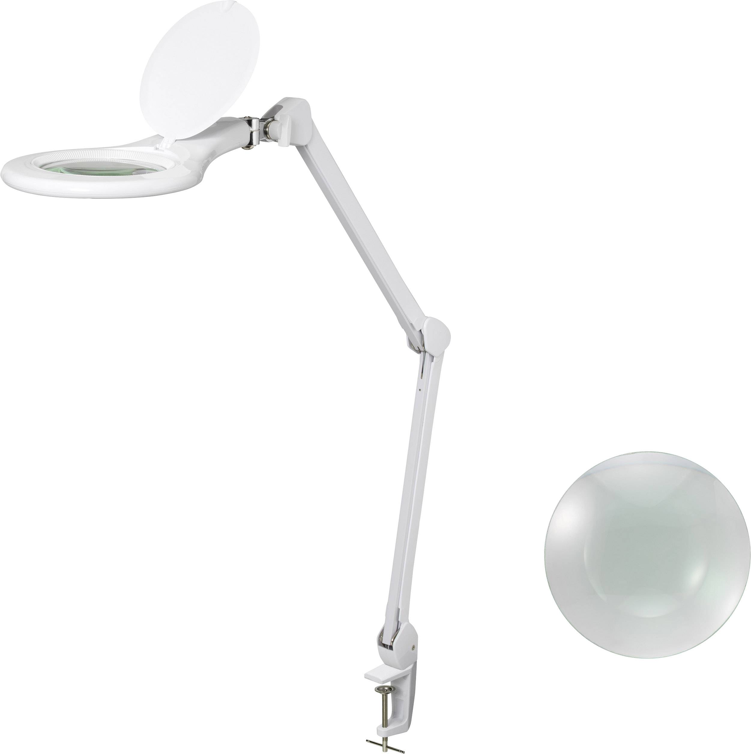En vit LED-förstoringslampа med justerbar arm och klämfäste, bredvid en närbild av linsen.
