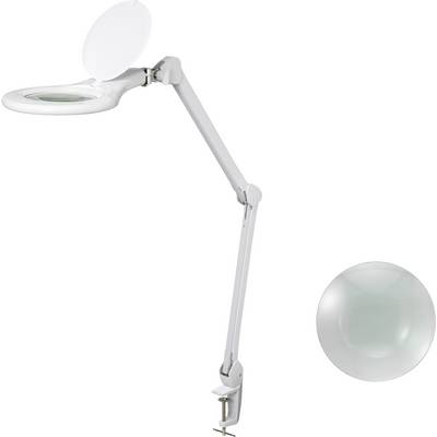 En vit LED-förstoringslampа med justerbar arm och klämfäste, bredvid en närbild av linsen.
