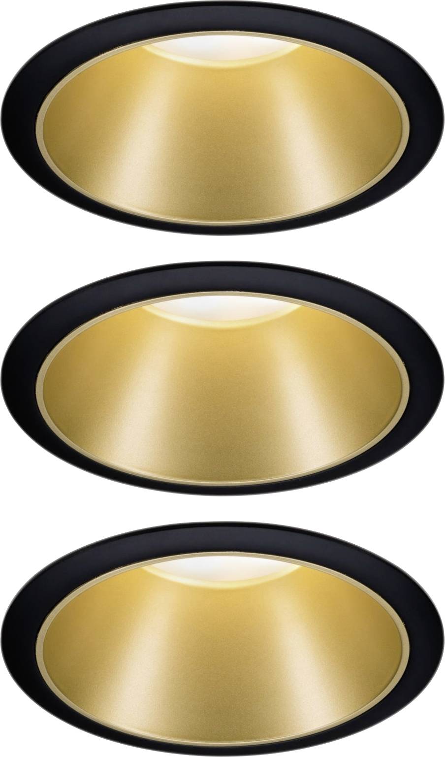 Tre runda infällda takarmatur med guldfärgade reflektorer och svarta kanter, placerade i en vertikal rad.