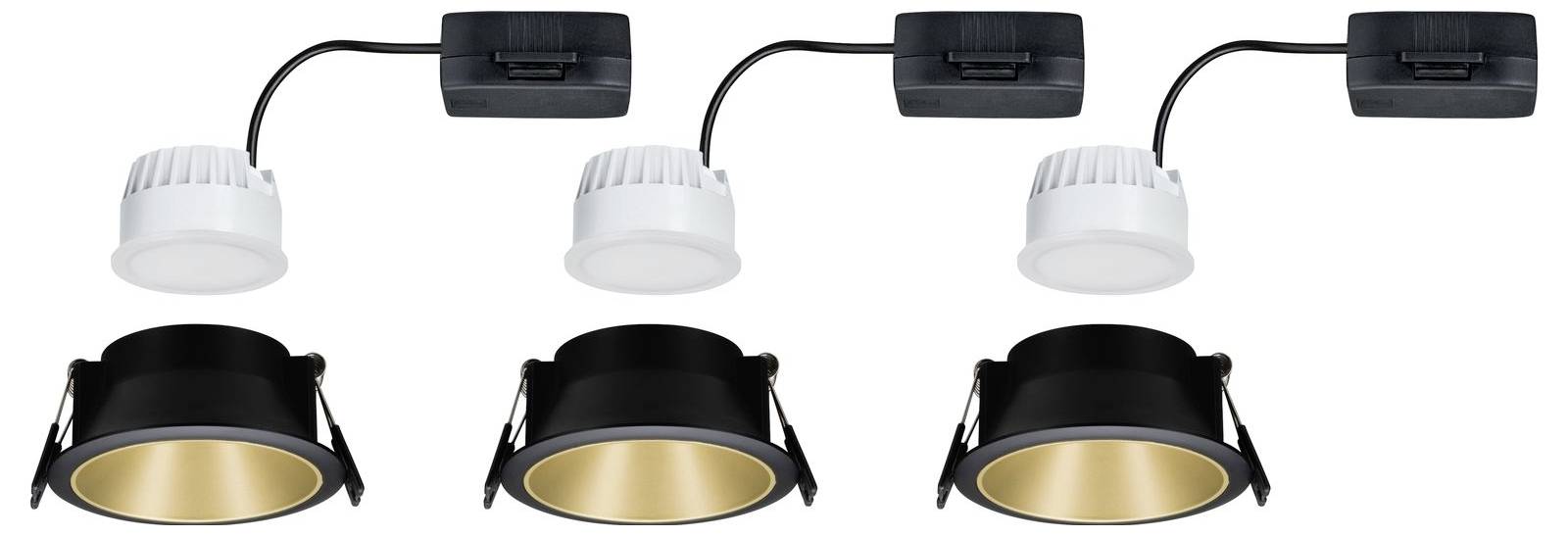 Tre moderna infällda spotlights i svart och guld, var och en försedd med elektronisk kontakt, lämpliga för stilfull inomhusbelysning.