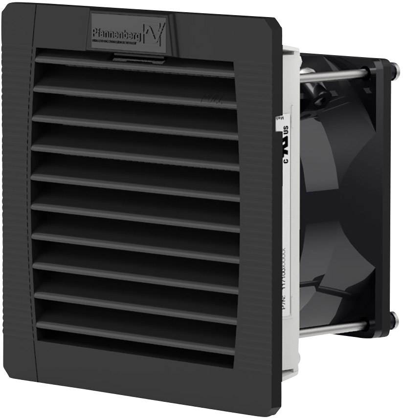 Ett svart plastventilationsgaller med horisontella lameller och en fläkt monterad bakom det.