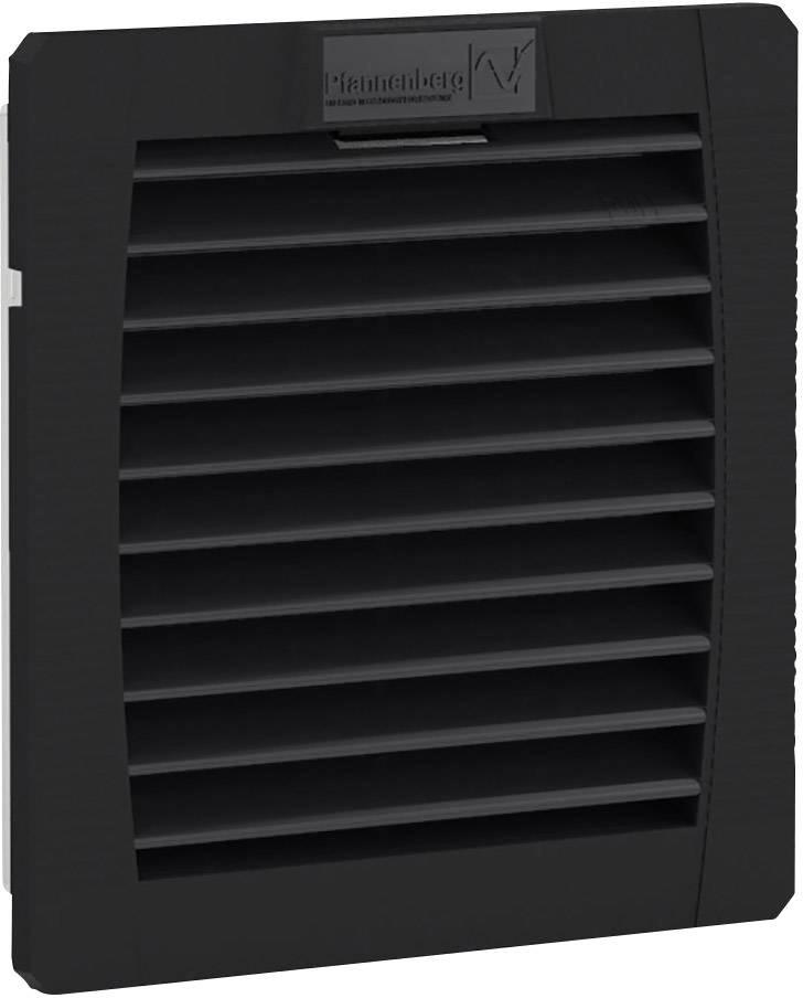 En svart ventilationskåpa med horisontella lameller. Högst upp finns en liten logotyp.