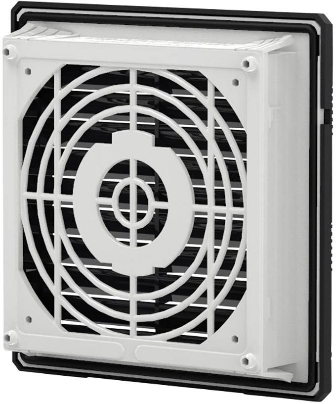 Ventilationsgaller i kvadratisk form med vitt skyddsgaller och svarta lameller. Lämplig för luftcirkulation i tekniska anläggningar.