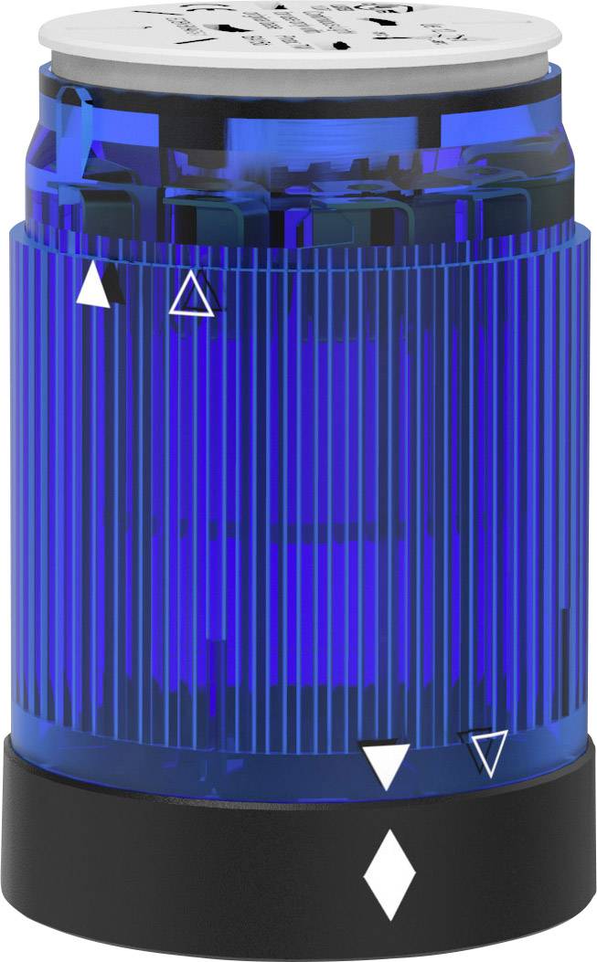 En blå, cylindrisk signalgivare med svart bas och flera vita pilsymboler på.