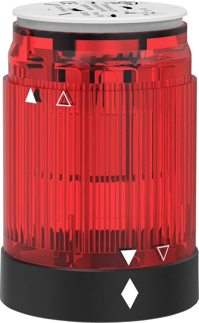 Röd signaltorn med svart bas och vita triangelsymboler. Används för visuella larmsignaler i industriella miljöer.