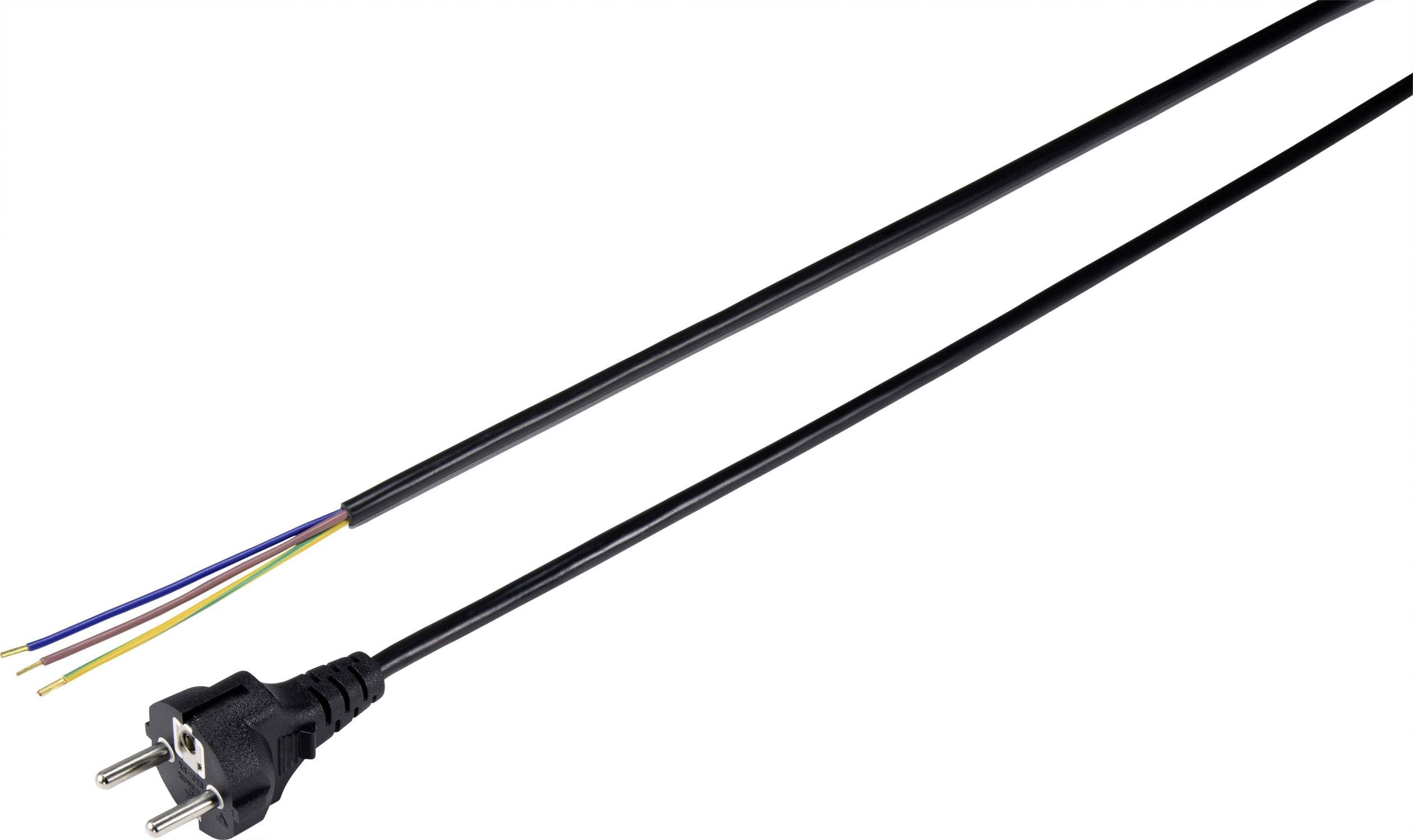 En svart elkabel med kontakt visar exponerade färgade trådar i andra änden, lämplig för elinstallationer.
