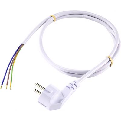 En vit strömkabel med kontakt och exponerade trådändar. Används för anslutning till elektroniska enheter.