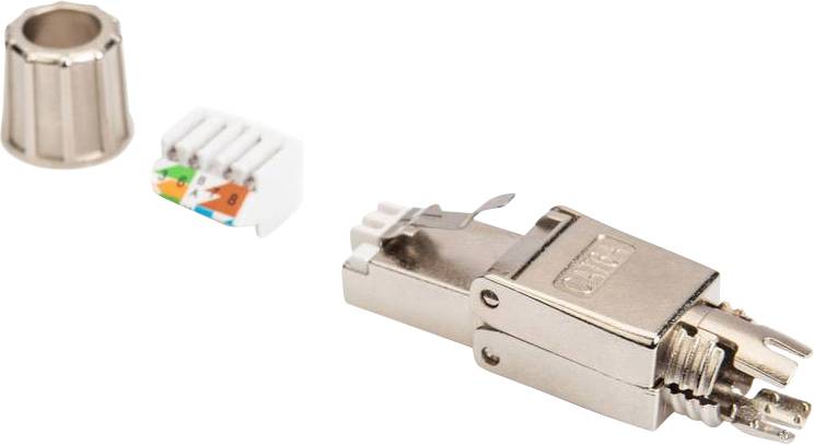 En RJ45-kontakt med kabelskydd och färgmärkta anslutningsklämmor för nätverkskablar.
