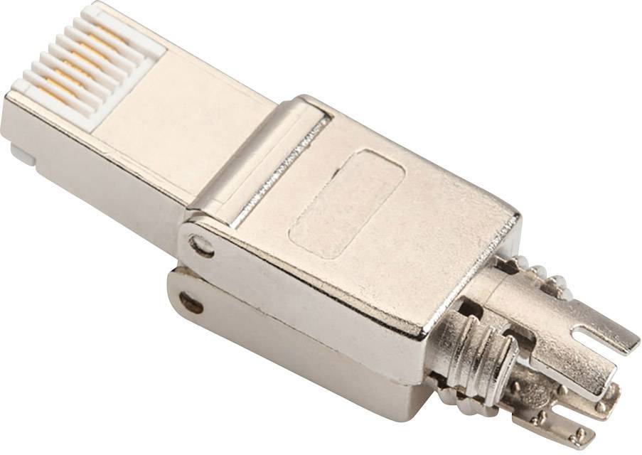 En RJ45-SFP-adapter, metallisk med rektangulär kropp och runda anslutningar, används för att ansluta nätverksenheter.