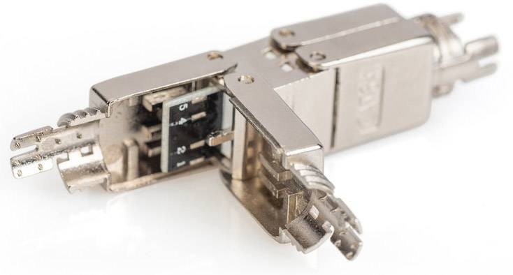 Metallisk RJ45-kontakt, öppnad, visar interna komponenter och kabelanslutningar för nätverksanslutningar.