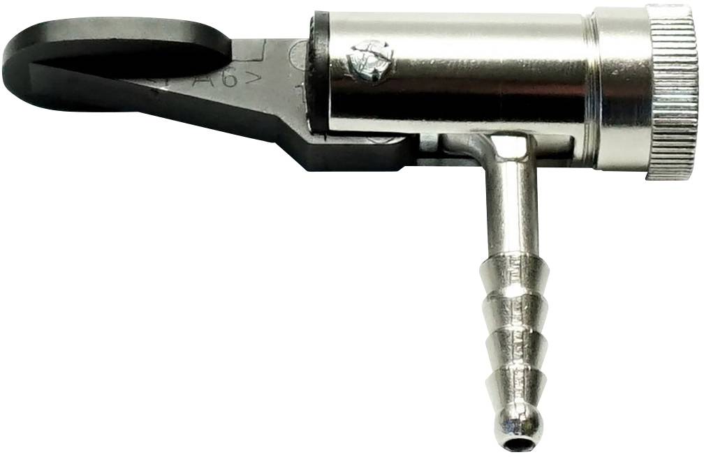 Ett metalliskt, cylindriskt ventil med en spak på vänster sida och ett räfflat utloppsmunstycke nedanför.