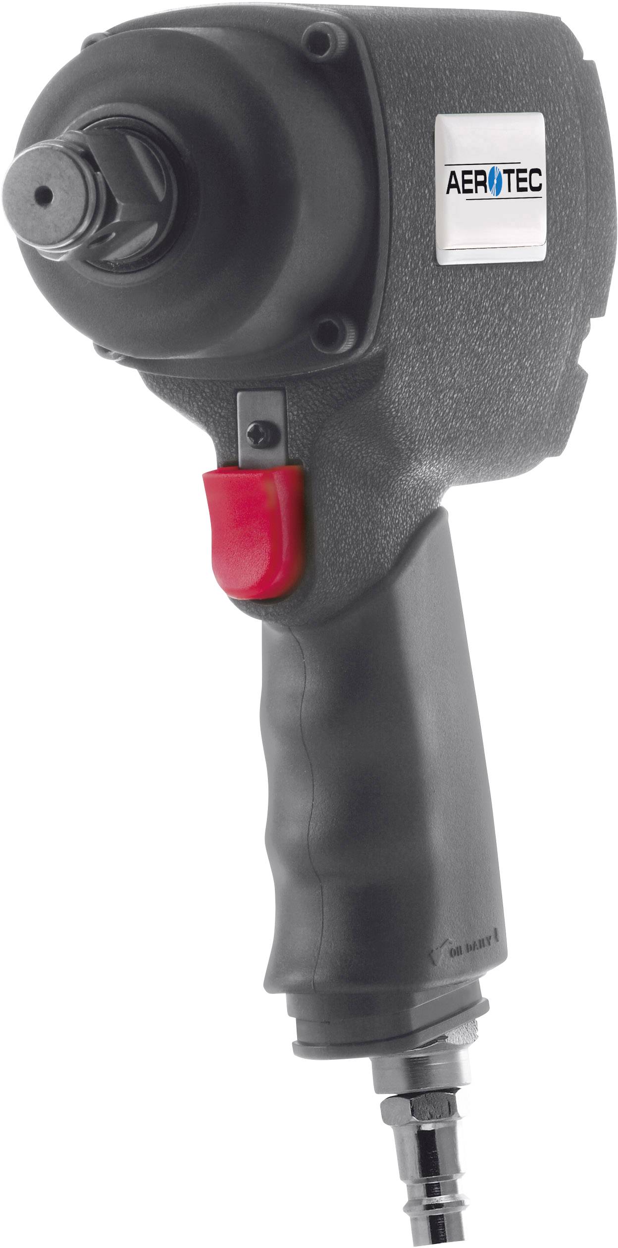 Tryckluftslagmutterdragare med ergonomiskt handtag, svart hölje och röd avtryckare; lämplig för däckbyte och skruvarbeten.