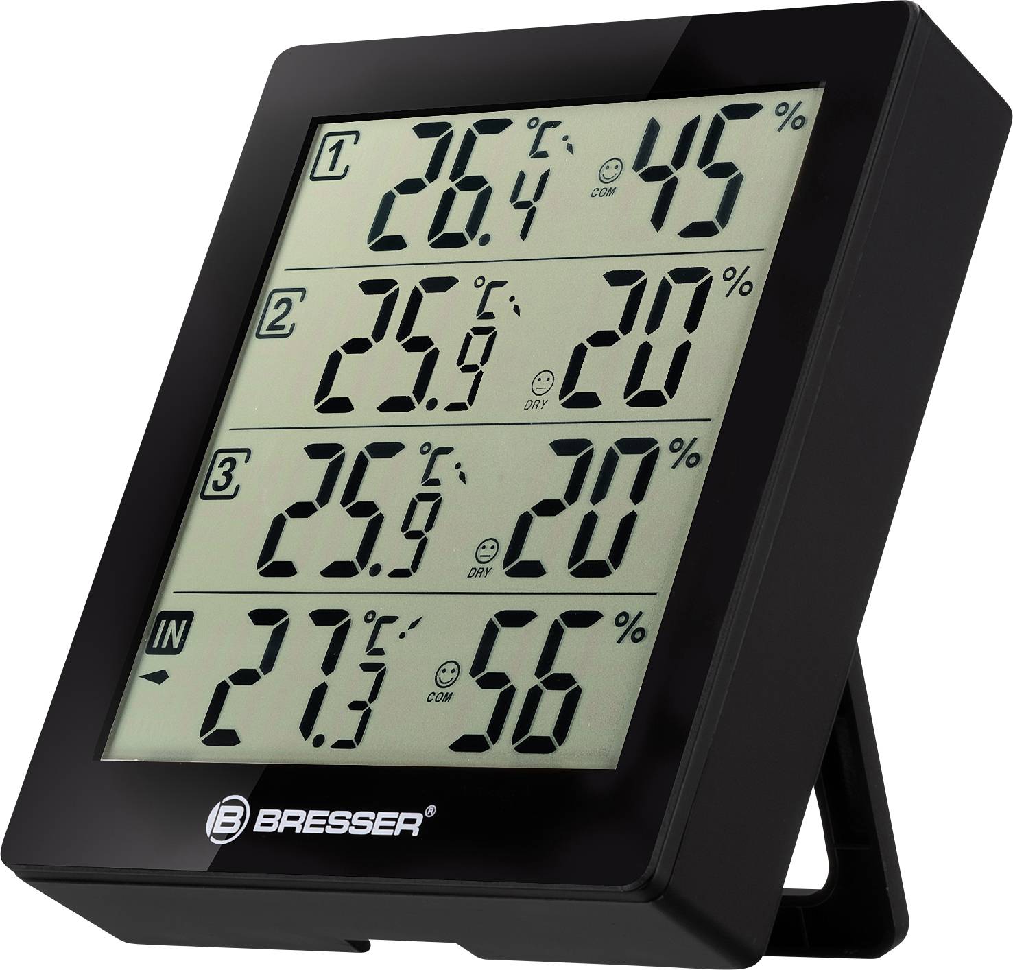 Digitalt termometer med fyra displayfönster för temperatur och luftfuktighet på olika platser. Varumärkesnamn nedtill på enheten.