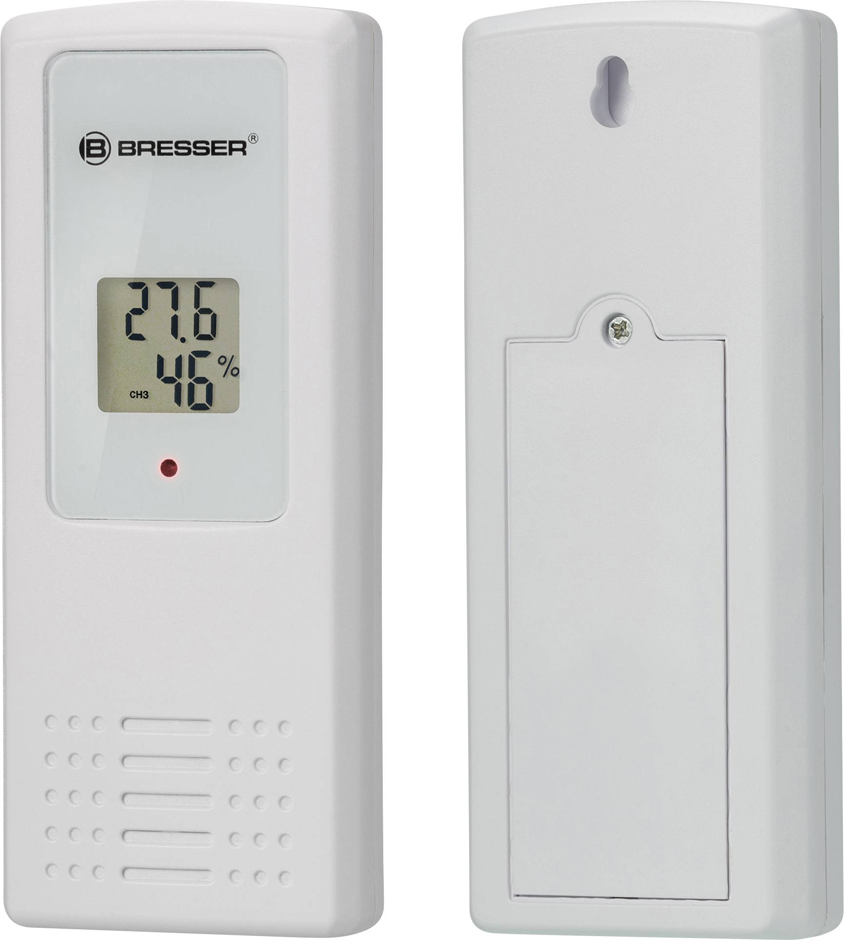 Ett vitt digitalt termometer visar '27,6°C' och '46%' luftfuktighet. Bredvid syns baksidan av enheten.