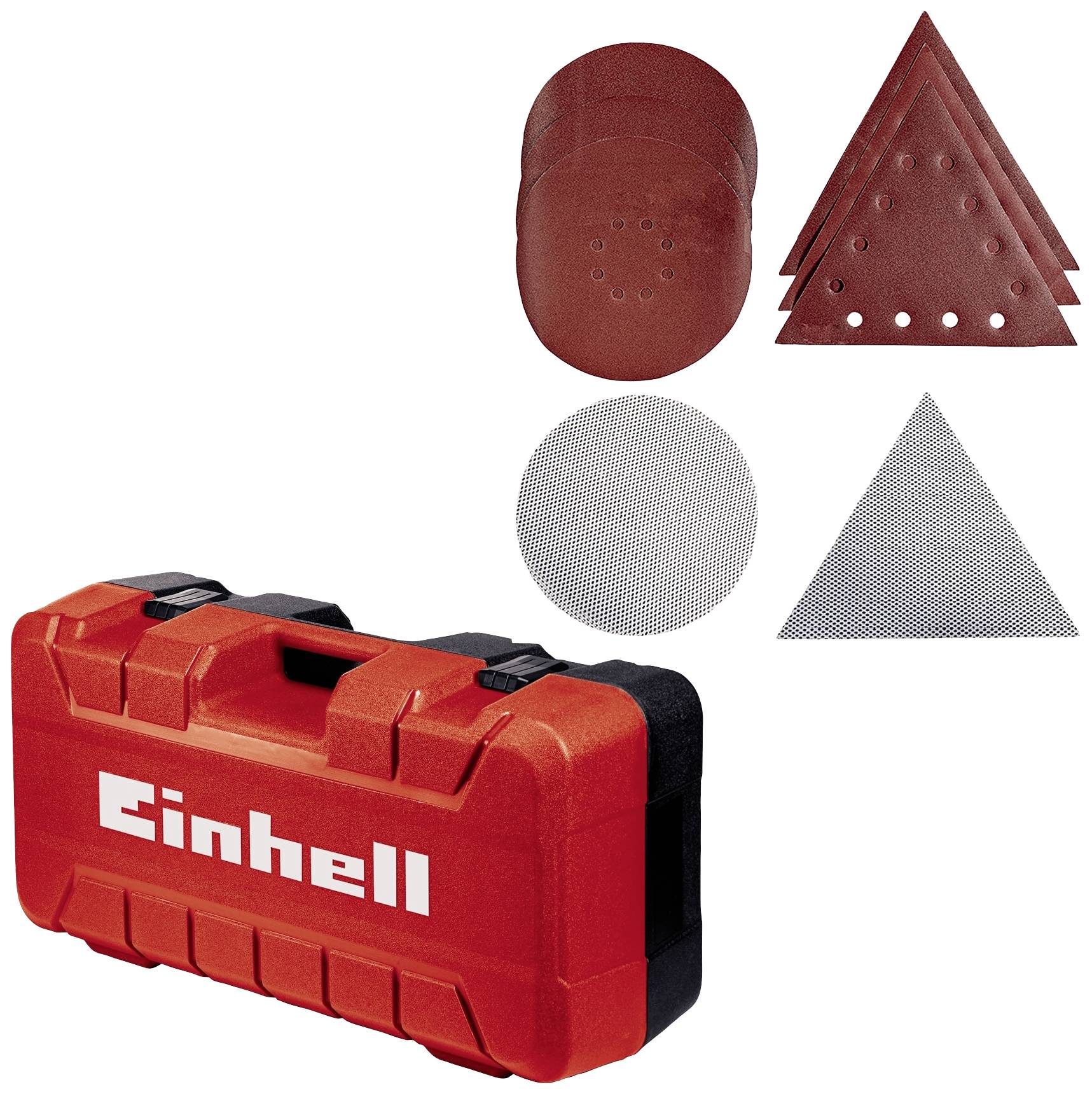 En röd verktygslåda med Einhell-logotyp, bredvid runda och triangulära slipskivor i olika material och storlekar.