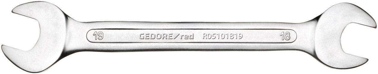 En silverfärgad gaffelskruvnyckel med öppna, ringformade ändar som visar storlek 19 och 18. Utformad för mekaniska arbeten.