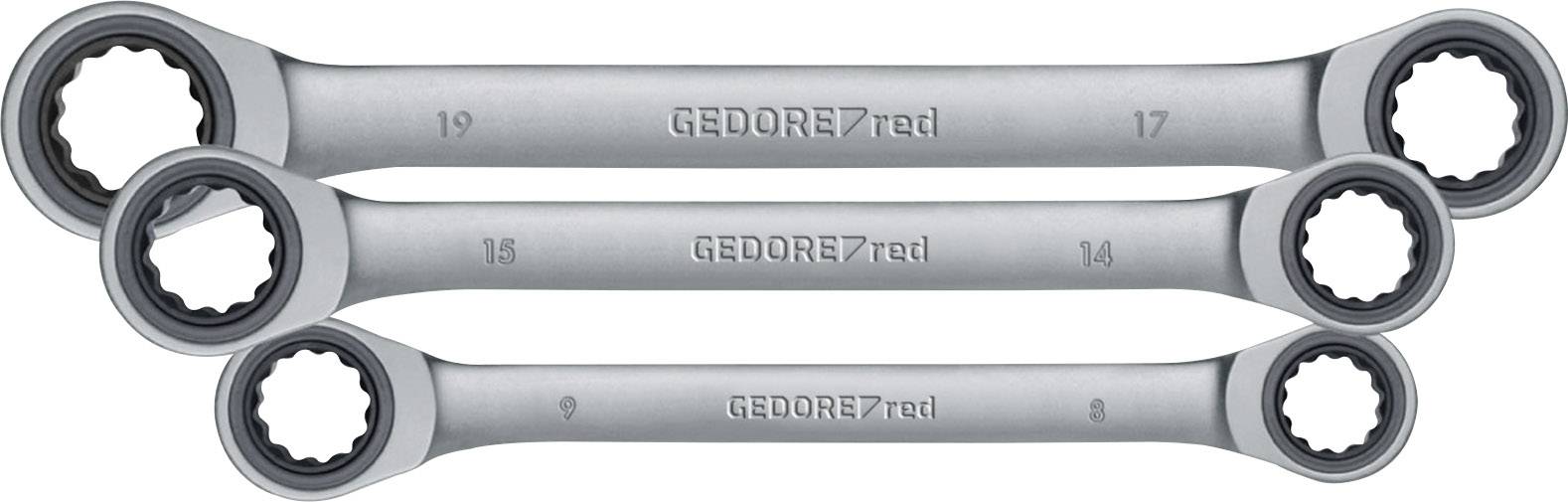 Tre skiftnycklar märkta med 'GEDORE red', i storlekar 19/17, 18/16 och 15/14.