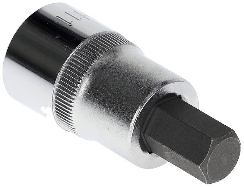 Sexkantig metallbit med blank finish, försedd med räfflad kant för bättre grepp, avsedd för åtdragning eller lossning av skruvar.