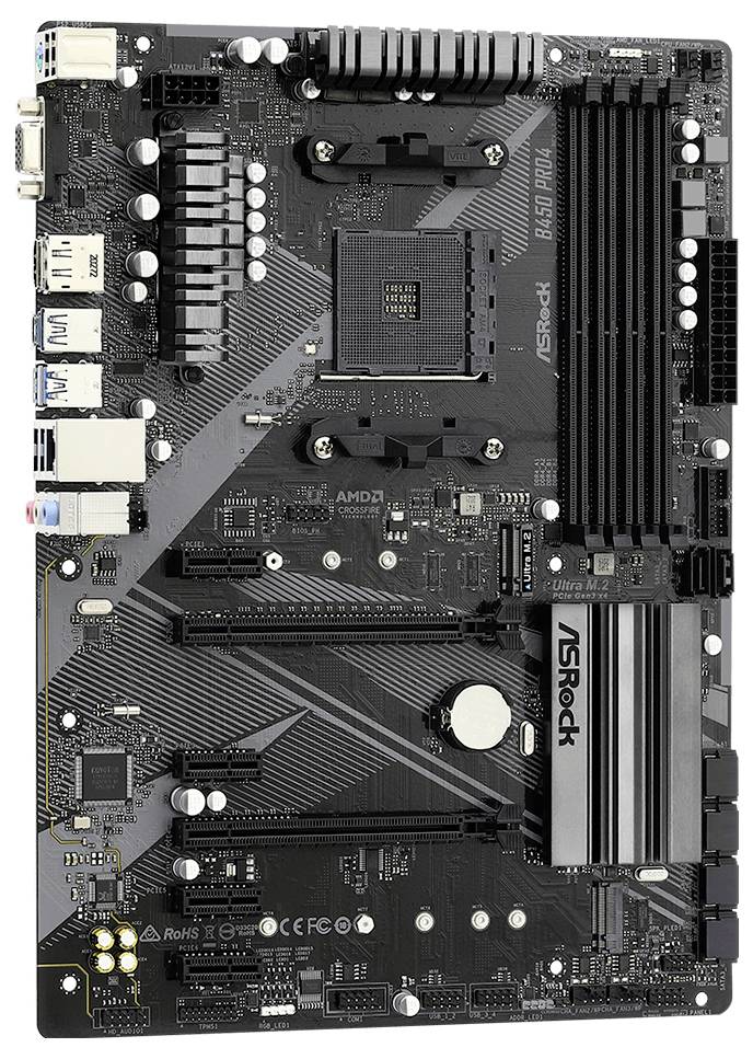 Ett svart ASRock B450 Pro4 moderkort med flera expansionsplatser och anslutningar för processorer, RAM och kringutrustning.