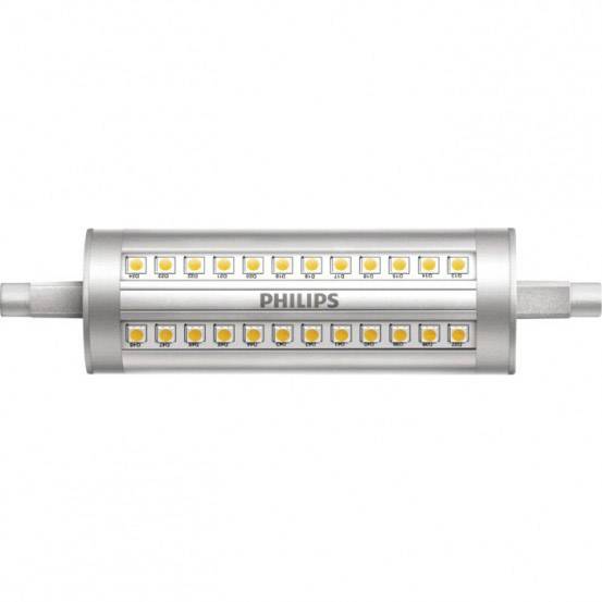 En LED-lampa från ett känt märke, avlång till formen, med två rader synliga LED-lampor på ett silvergrått hölje.