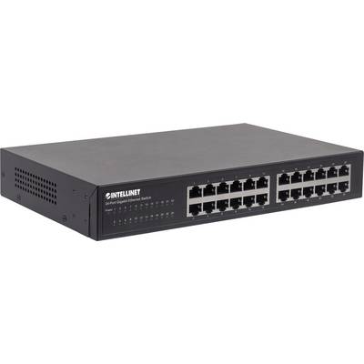 Intellinet 24-portars Gigabit Ethernet-switch med indikatorer för ström och länkstatus, lämplig för nätverksanslutningar på kontor.
