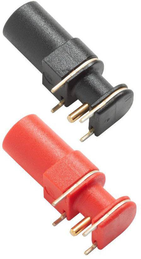 Två isolerade bananplugg: en svart och en röd, vardera med tre kontaktstift, avsedda för användning i elektroniska enheter.