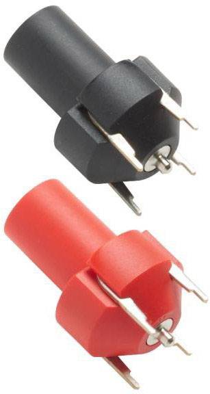 Två färgade plastuttag, ett svart och ett rött, placerade ovanpå varandra. Båda har tre metallkontakter och är avsedda för elektroniska tillämpningar.