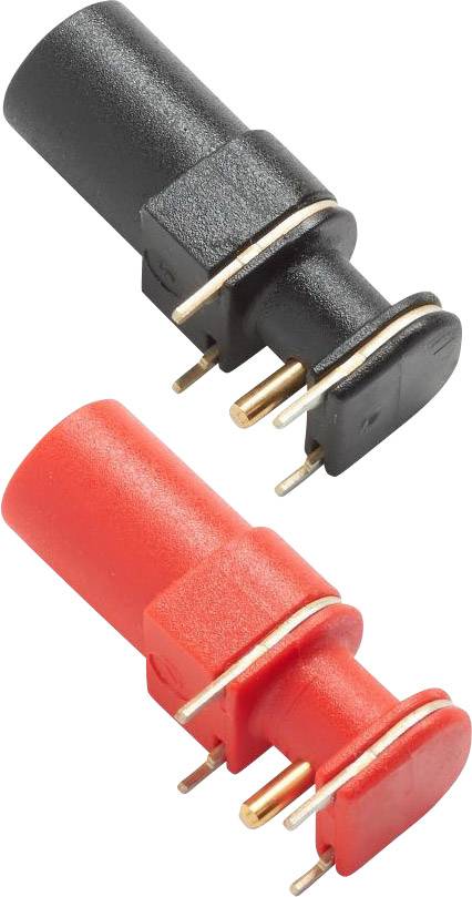 Två T-kontakter i svart och rött, var och en med tre anslutningsstift, för elektriska anslutningar inom modellbygge och elektronik.