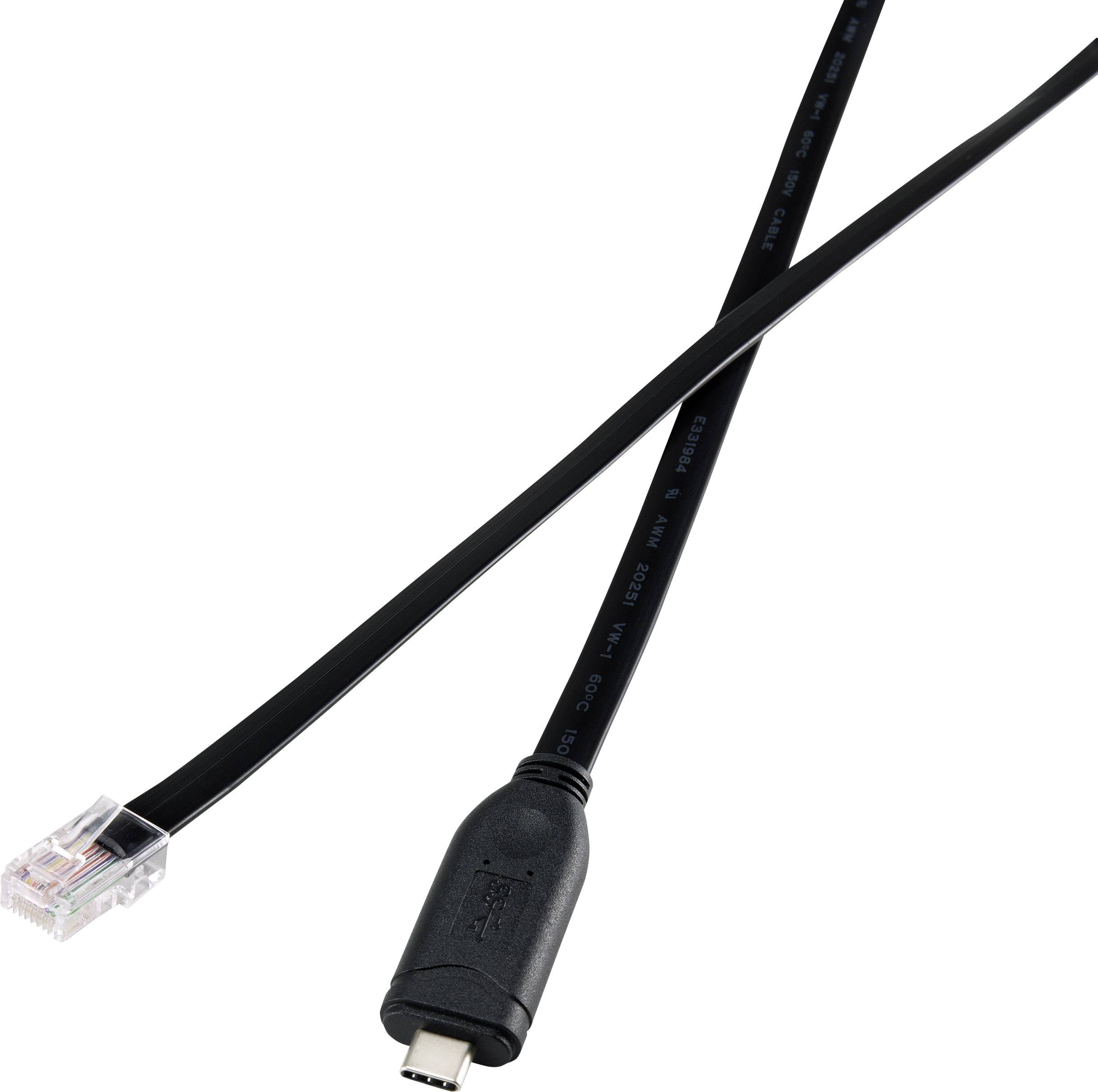 En svart kabel med en RJ45-kontakt på ena sidan och en USB-anslutning på den andra, lämplig för nätverksanslutningar.