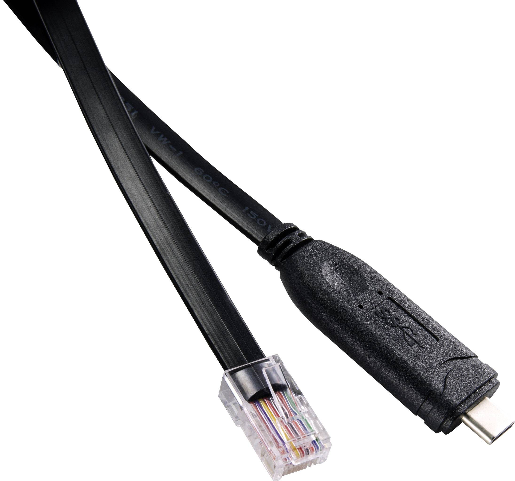 USB-kabel bredvid ett Ethernet-kabel, båda svarta. Bilden visar en närbild av kabelns kontakter.